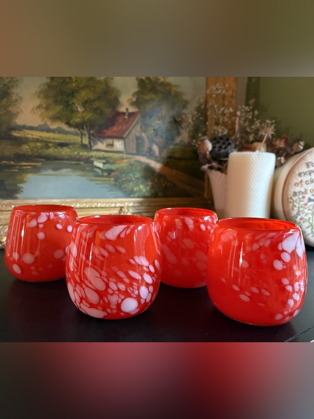 Set of 4 Orange & White Confetti/Splatter Hand Blown Art Glass Tumblers 12oz Mex